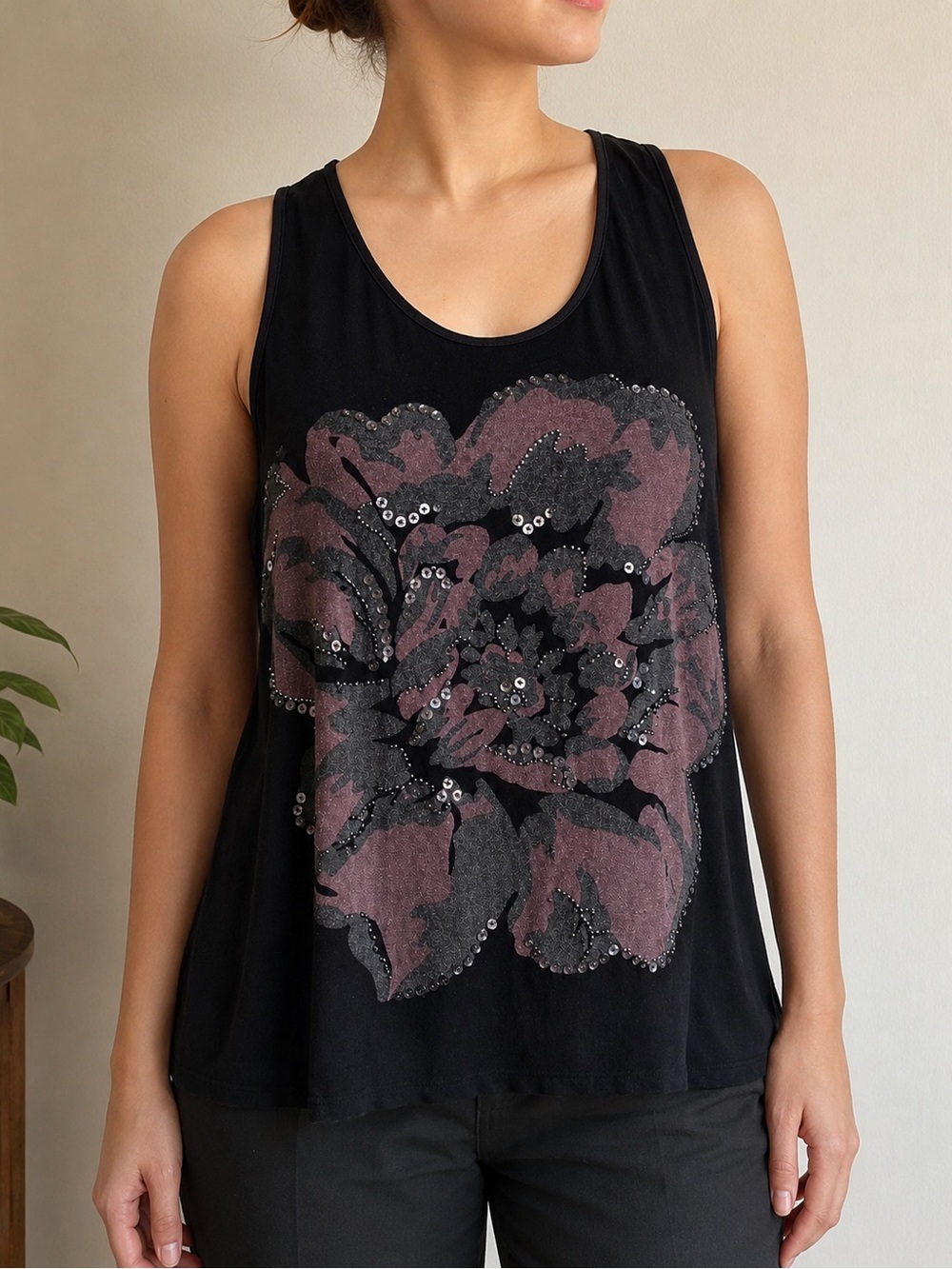 Cynthia Rowley S Black Embellished Floral Sequin Tank Top